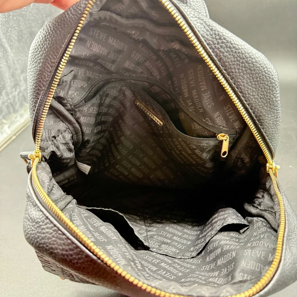 Steve Madden Black Pebbled Leather Mini Backpack Logo Embossed Gold Hardware